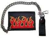 EMBROIDERED RED FLAMES TRIFOLD LEATHER WALLET WITH CHAIN (Sold by the piece)