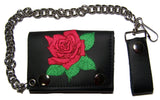 EMBROIDERED RED ROSE TRIFOLD LEATHER WALLET WITH CHAIN (Sold by the piece)