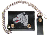 EMBROIDERED LONE WOLF TRIFOLD LEATHER WALLET WITH CHAIN (Sold by the piece)