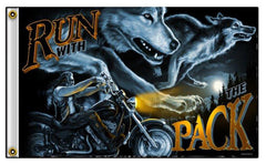 RUN WITH THE PACK WOLF MOTORCYCLE BIKER 3' x 5' DELUXE BIKER FLAG (Sold by the piece) *- CLOSEOUT NOW $ 5 EA