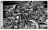 RACING SKELETONS ON MOTORCYLE 3 x 5 DELUXE BIKER FLAG ( sold by the piece )