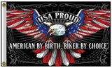 USA PROUD EAGLE AMERICAN BY BIRTH BIKER DELUXE 3 X 5  BIKER FLAG (Sold by the piece)