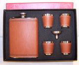BROWN LEATHER FLASK SET WITH 4 SHOT GLASSES  (Sold by the piece)