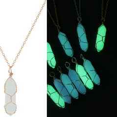 GLOW IN THE DARK BULLET SHAPE WIRE WRAPPED PENDANT ON  GOLD  18" CHAIN NECKLACE ( sold by the piece or dozen)