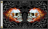 TWIN FLAME SKULLS DELUXE 3' X 5' BIKER FLAG (Sold by the piece)