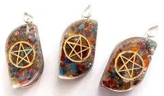 1 1/2 INCH CRUSHED RAINBOW STONE IN RESIN PENTAGRAM PENDANT (sold by the piece or on chain))