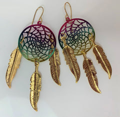 3 INCH METAL DREAM CATCHER RAINBOW DANGLE EARRINGS WITH GOLD FEATHERS (SOLD BY THE PAIR)