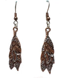 SOLID COPPER FEATHER WITH WOLF DANGLE EARRINGS  ( sold by the  piece )