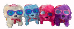 BATTERY OPERATED FUZZY WALKING BARKING DOG WITH HAT AND SKIRT ( Sold by the piece)