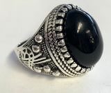 Round black stone engraved  metal ring (sold by the piece)