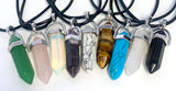 ASSORTED BULLET CRYSTAL STONE PENDANTS ON BLACK NECKLACE (sold by piece or  dozen)