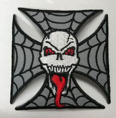 WEBBED IRON CROSS WITH SKULL W TONGUE 3 INCH PATCH (Sold by the piece OR dozen ) *-CLOSEOUT AS LOW AS 50 CENTS EA