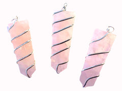 LARGE 2" FLAT ROSE QUARTZ COIL WRAPPED  STONE PENDANT (sold by the piece or bag of 10 )