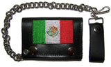 EMBROIDERED MEXICO FLAG TRIFOLD LEATHER WALLET WITH CHAIN (Sold by the piece)