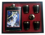 NEW WOLF FLASK SET W FOUR SHOT GLASSES & FUNNEL (Sold by the piece)