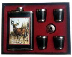 BIG BUCK DEER FLASK SET W 4 SHOT GLASSES  (Sold by the piece)