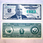 MCCAIN EIGHT DOLLAR PLAY FAKE BILLS (Sold by the pad OF 25 bills) -* CLOSEOUT NOW ONLY 1 CENT EA BILL