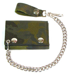 GREEN CAMO CAMOUFLAGE TRIFOLD LEATHER WALLETS WITH CHAIN (Sold by the piece)