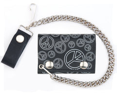 OPEN PEACE SIGNS TRIFOLD LEATHER WALLETS WITH CHAIN (Sold by the piece)