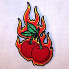 TWIN CHERRIES FLAMES 3 INCH PATCH (Sold by the piece) CLOSEOUT NOW AS LOW AS .75 CENTS EA