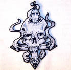 SKULL WITH UPSIDE DOWN CROSS 4 INCH PATCH (Sold by the piece OR dozen ) CLOSEOUT AS LOW AS .75 CENTS EA