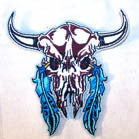 COW SKULL WITH FEATHERS 4 INCH PATCH (Sold by the piece or dozen ) -* CLOSEOUT AS LOW AS 75 CENTS EA