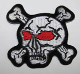 RED EYES SKULL & CROSS BONES 3 INCH PATCH  ( sold by the piece ) CLOSEOUT AS LOW AS .75 CENTS EA