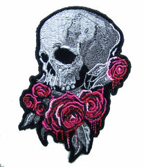 SKULL BLEEDING ROSES 4 IN EMBROIDERED PATCH  (sold by the piece )