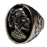 INDIAN WARRIOR WITH BUFFALO SIDES SILVER DELUXE BIKER RING (Sold by the piece) **-  CLOSEOUT AS LOW AS $ 2.95 EA