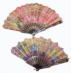 LACE CLOTH RAINBOW GLITTER HAND FANS ( sold by the piece or dozen )
