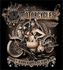 OLD MOTORCYCLES HOT BABES  BLACK SHORT SLEEVE TEE-SHIRT (Sold by the piece)