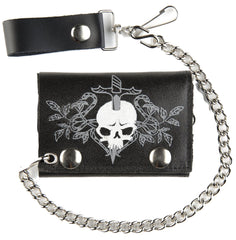 SKULL & DAGGER TRIFOLD LEATHER WALLETS WITH CHAIN (Sold by the piece)