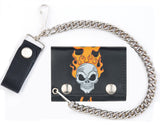 SKULL HEAD WITH FLAMES TRIFOLD LEATHER WALLETS WITH CHAIN (Sold by the piece)