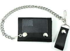BLACK & GREY AMERICAN FLAG TRIFOLD LEATHER WALLETS WITH CHAIN (Sold by the piece)