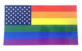 RAINBOW PRIDE AMERICAN FLAG BUMPER STICKER 4 1/2" X 2 1/2" (sold by the piece or dozen)