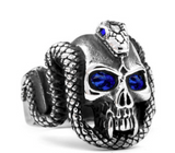 CRYSTAL BLUE  EYE SKULL WITH SERPENT SNAKE METAL BIKER RING (sold by the piece)