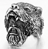 VIKING MAN W BEAR HEAD METAL BIKER RING * * SILVER OR BLACK*(sold by the piece)