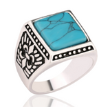 Square Turquoise engraved real stone sterling plated ring (sold by the piece)