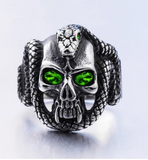 CRYSTAL GREEN  EYE SKULL WITH SERPENT SNAKE METAL BIKER RING (sold by the piece)
