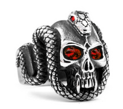 CRYSTAL RED  EYE SKULL WITH SERPENT SNAKE METAL BIKER RING (sold by the piece)