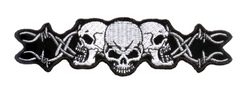 TRIPLE SKULL HEAD SKULL HEADS BARBED WIRE EMBROIDERED PATCH  (sold by the piece )