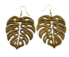 WOODEN MONSTERA EARRINGS 2.5 INCH (sold by the pair)