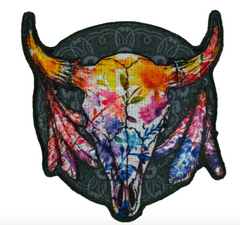 WILDFLOWER WATERCOLOR COW SKULL  3.5 X 3.5 INCH EMBROIDERED PATCH  (sold by the piece )