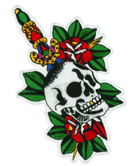 5" x 3" VIBRANT SKULL WITH DAGGER AND ROSES PATCH (Sold by the piece)