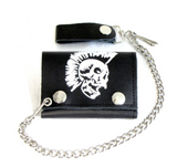 PUNK SKULL WITH MOHAWK TRIFOLD LEATHER WALLETS WITH CHAIN (Sold by the piece)