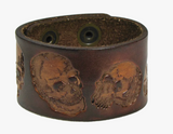 THICK ENGRAVED SKULL BROWN LEATHER CUFF BRACELET(sold by the piece)