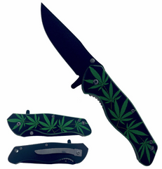 GREEN MARIJUANA LEAF STAINLESS FOLDING POCKET KNIFE  ( sold by the piece )