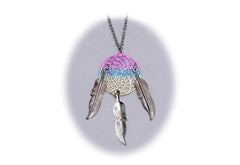 18 INCH METAL DREAM CATCHER SILVER RAINBOW NECKLACE WITH FEATHERS (SOLD BY THE PIECE)