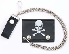SKULL AND CROSS BONES TRIFOLD LEATHER WALLETS WITH CHAIN (Sold by the piece)