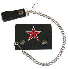 NAUTICAL RED STAR TRIFOLD LEATHER WALLETS WITH CHAIN (Sold by the piece)